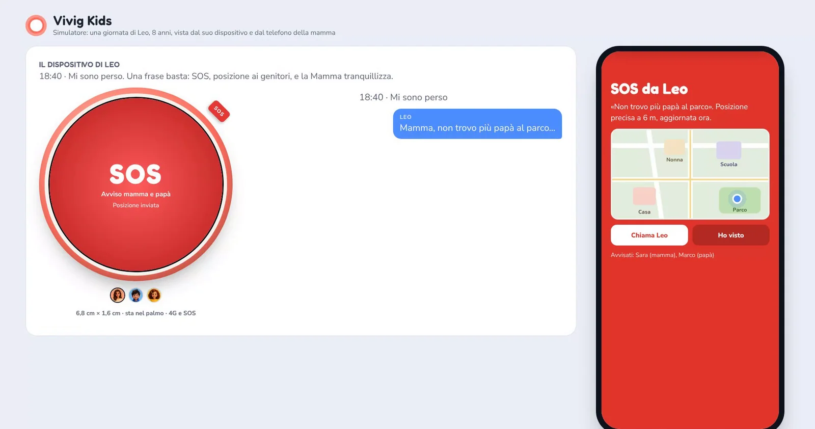 Simulator: the device shows SOS and the parent's phone shows the child's location on a map
