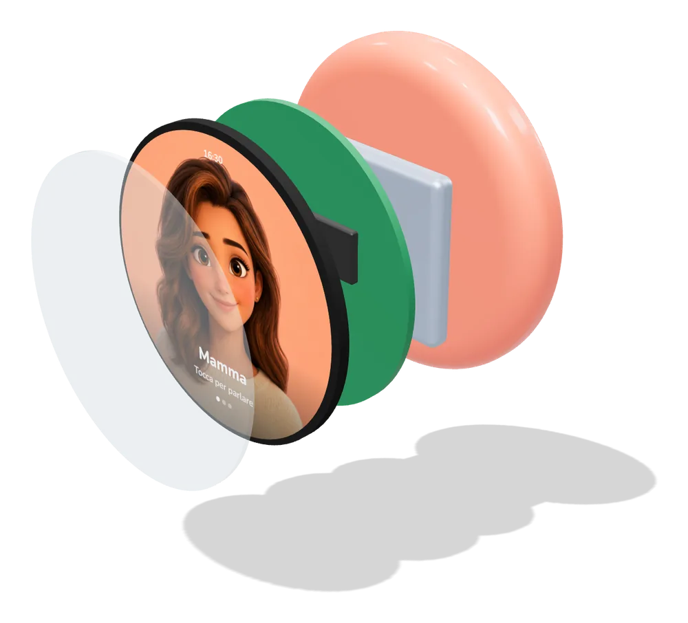 Exploded view: glass, round screen, board, flat battery, shell