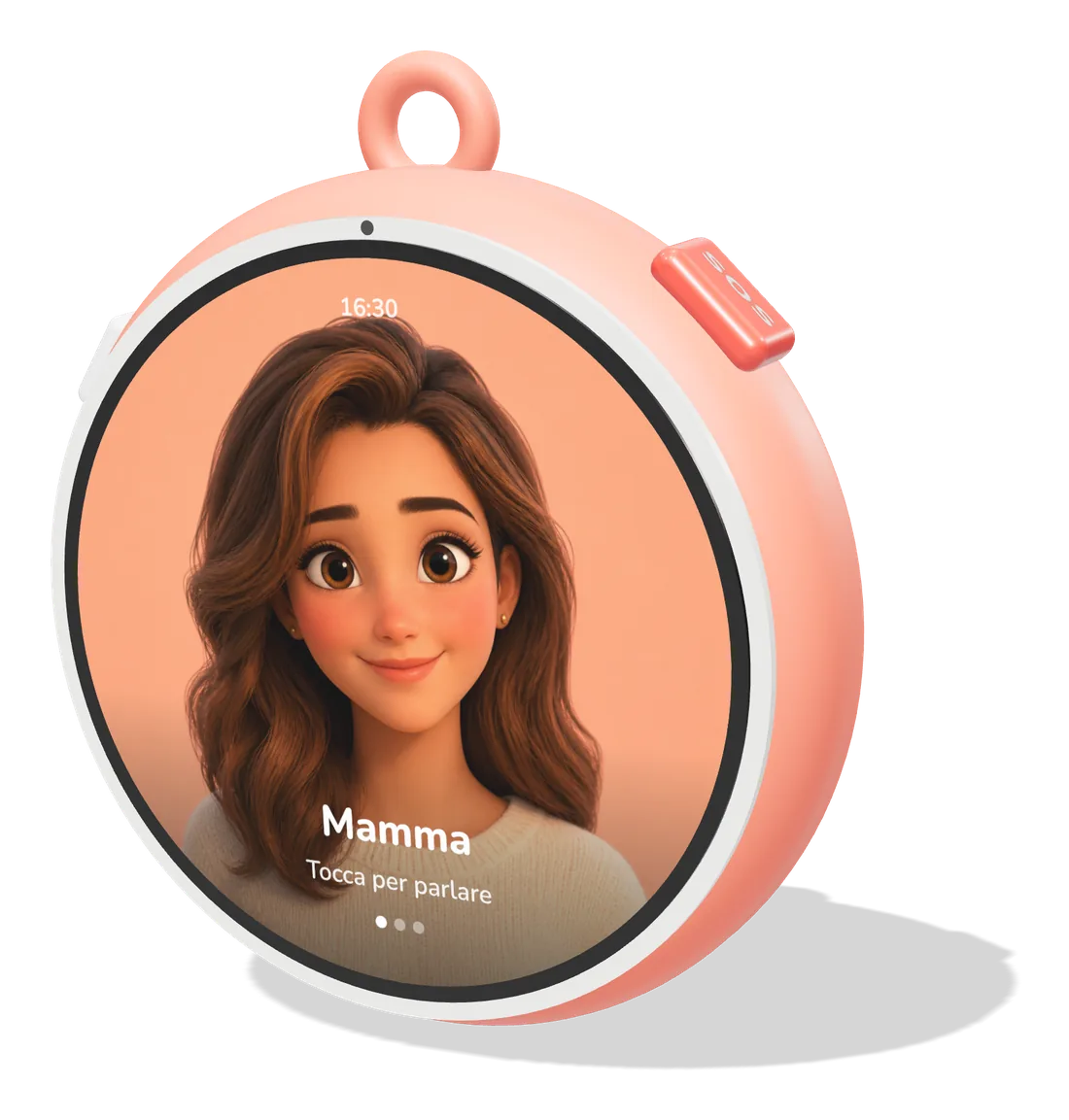 The Vivig Kids device: a round screen showing a friendly character, with a lanyard loop