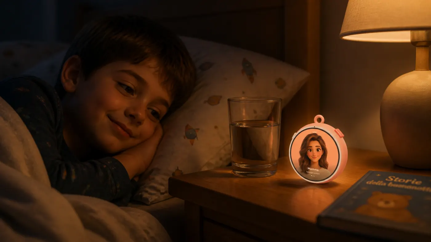 Concept image: the device on a bedside table at bedtime