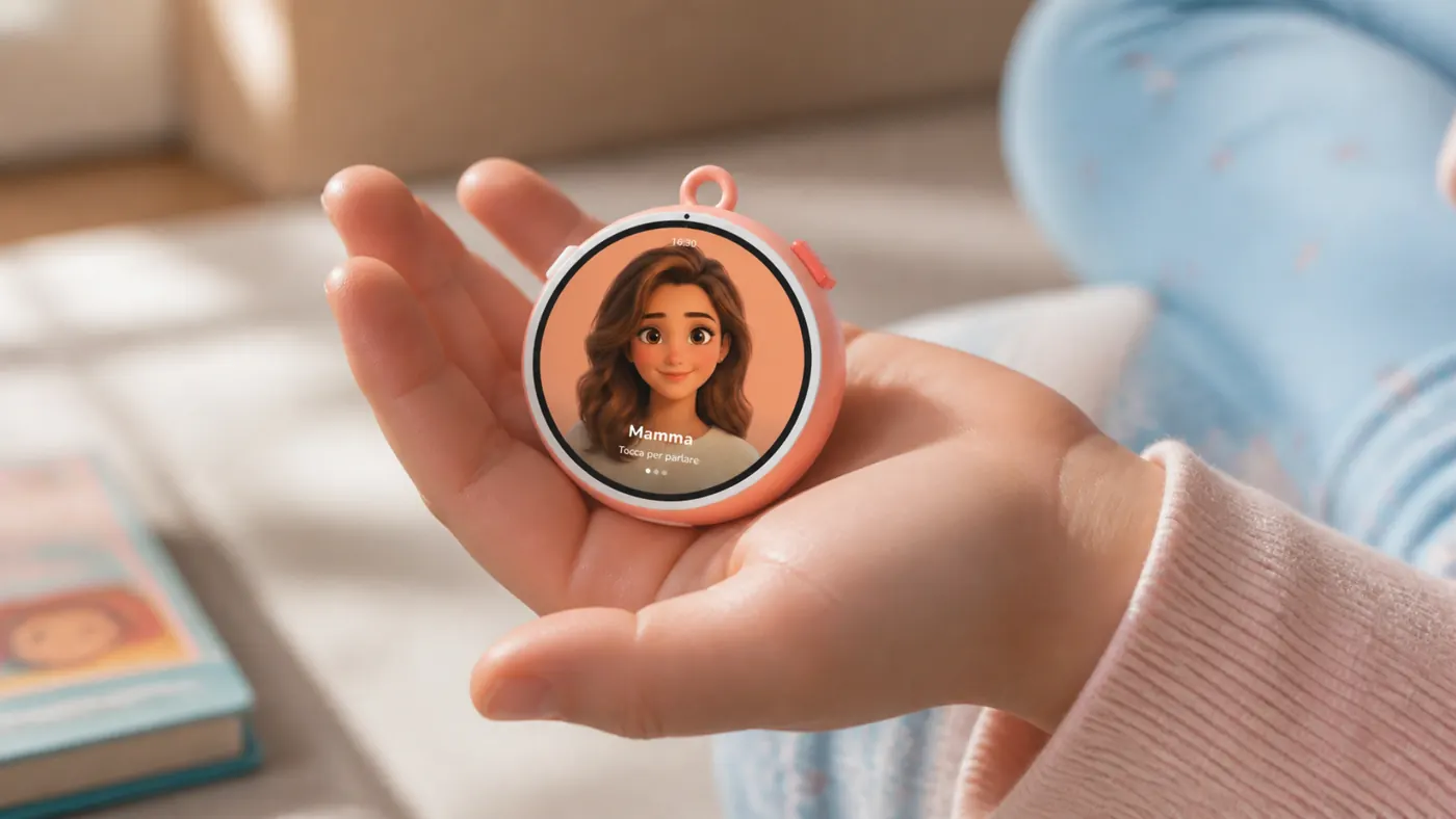 A child holding the device in the palm of the hand